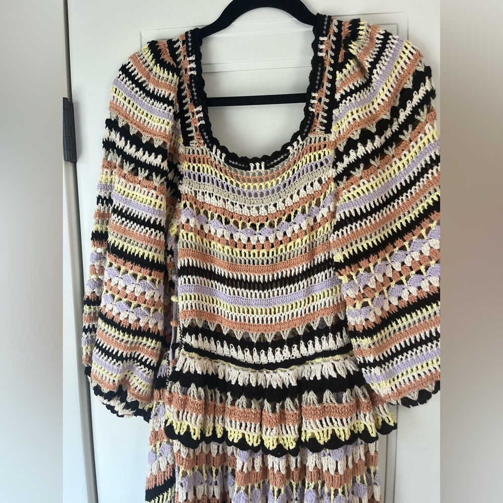 $895 Ulla Johnson Delfina Striped Crochet Cotton Tiered Maxi Dress Ecru Medium - Picture 8 of 11